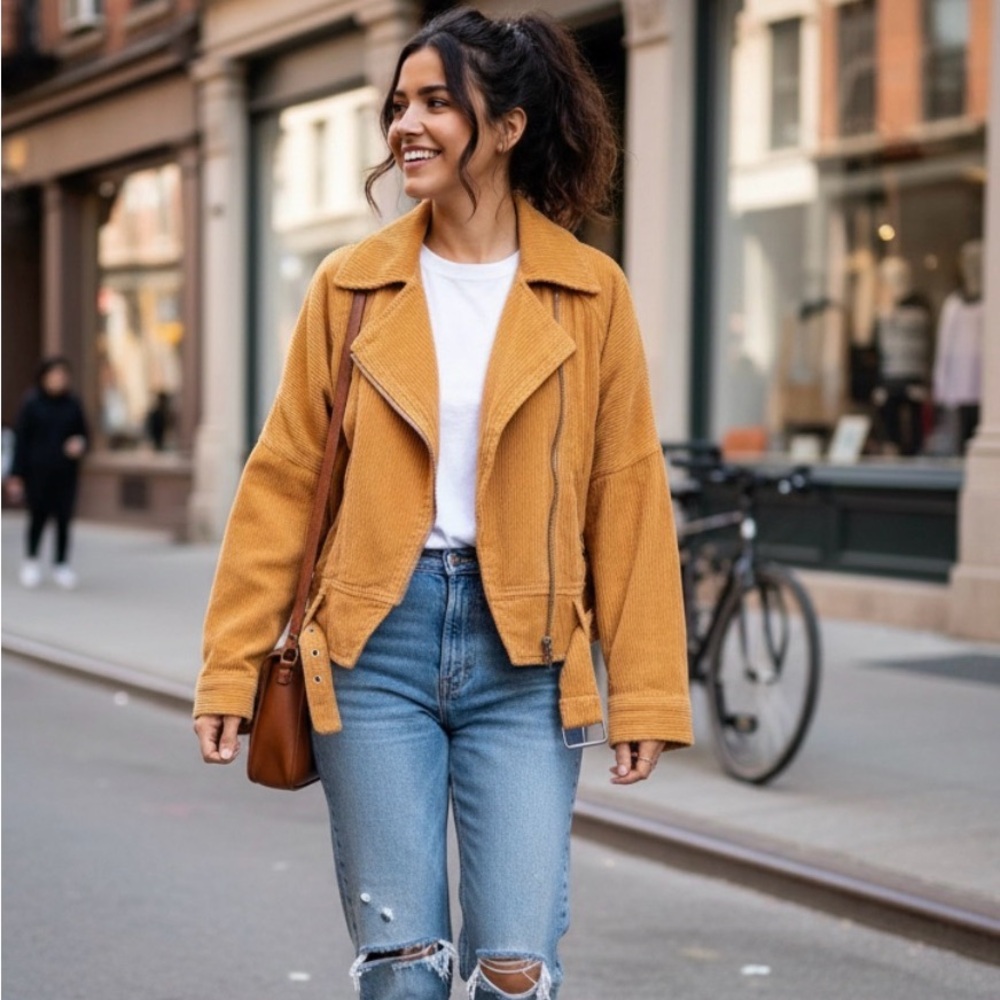 Free People Jacket‎ Womens M Orange Slouchy Dolman Moto Corduroy Lagenlook Y2K